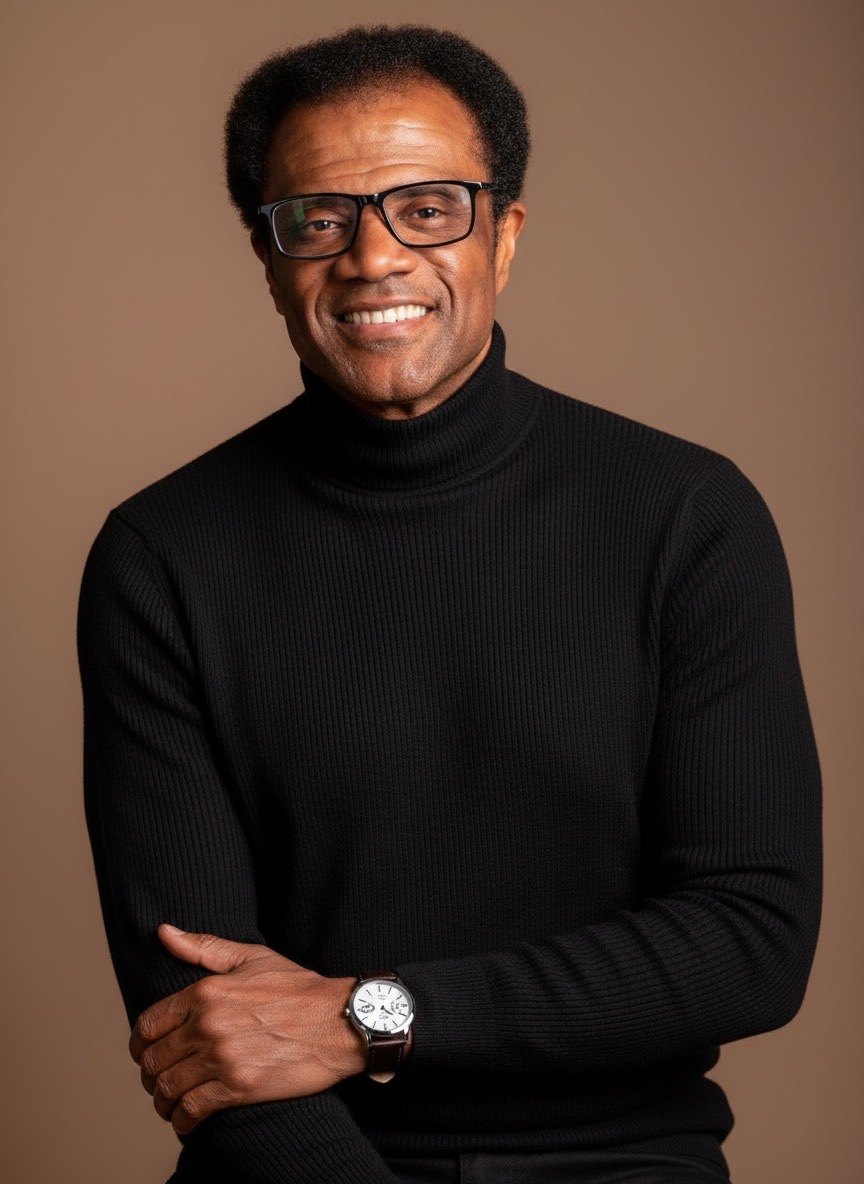 Dr. Kahan Sablo smiling in a black turtleneck and glasses