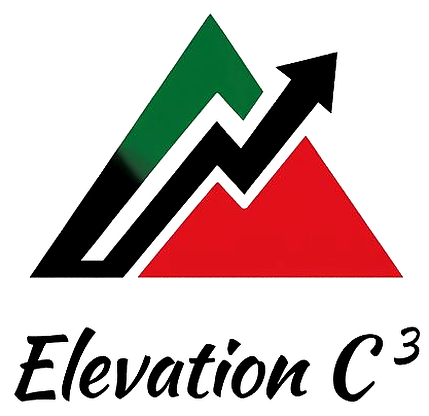 Elevation C3 logo — black, red and green mountains with an upward-trending arrow symbolizing growth, resilience and cultural pride